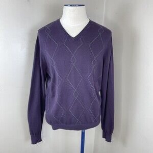 Van Heusen Mens V Neck Sweater Argyle Purple Cotton Size Large